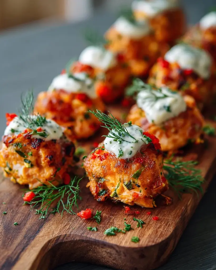 Delicious Bang Bang Salmon Bites served on a white plate with sauce drizzle.