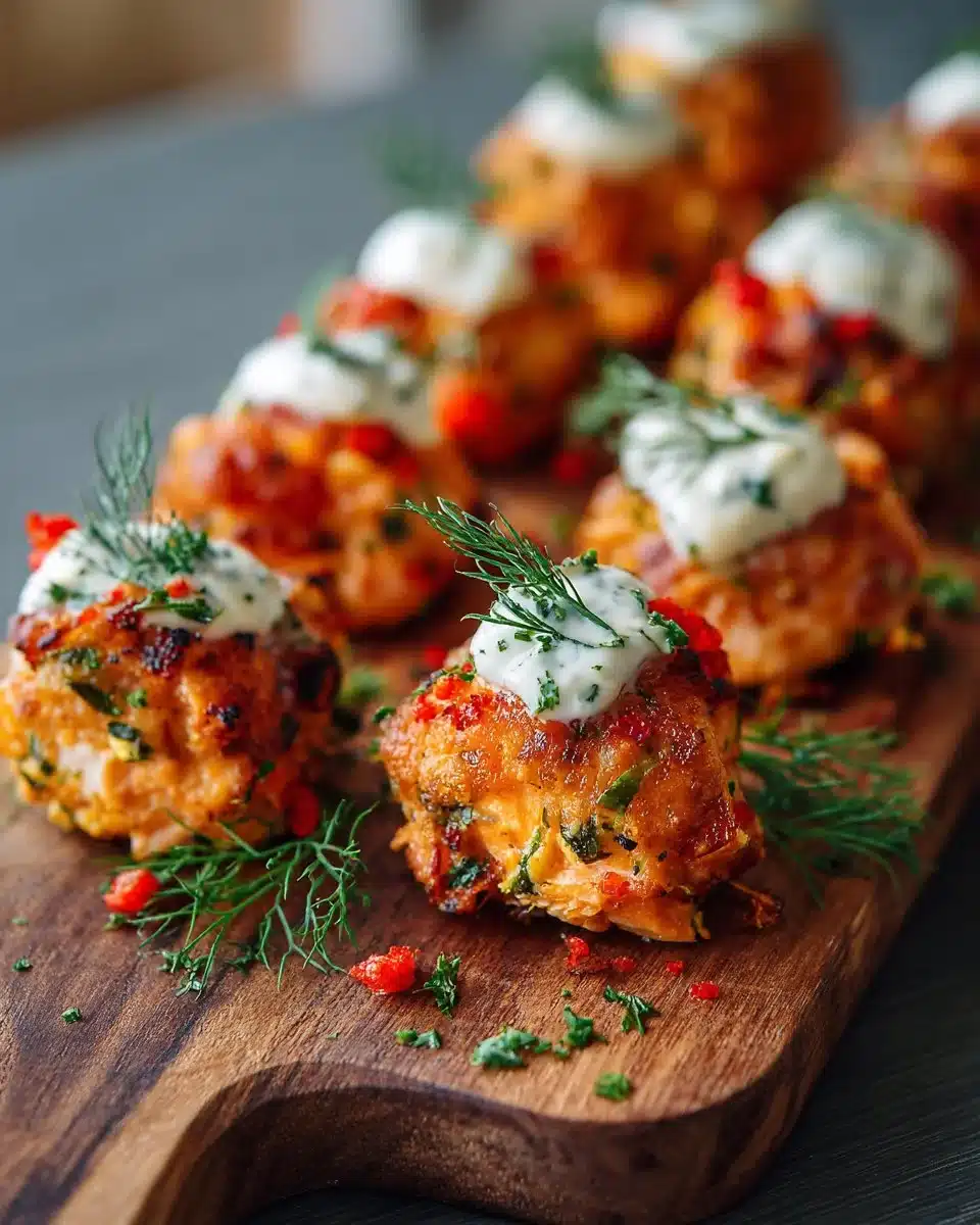 Delicious Bang Bang Salmon Bites served on a white plate with sauce drizzle.