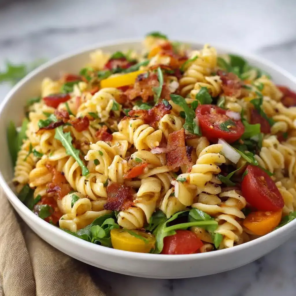 Gluten-free, dairy-free BLT pasta salad served in a bowl with fresh ingredients.