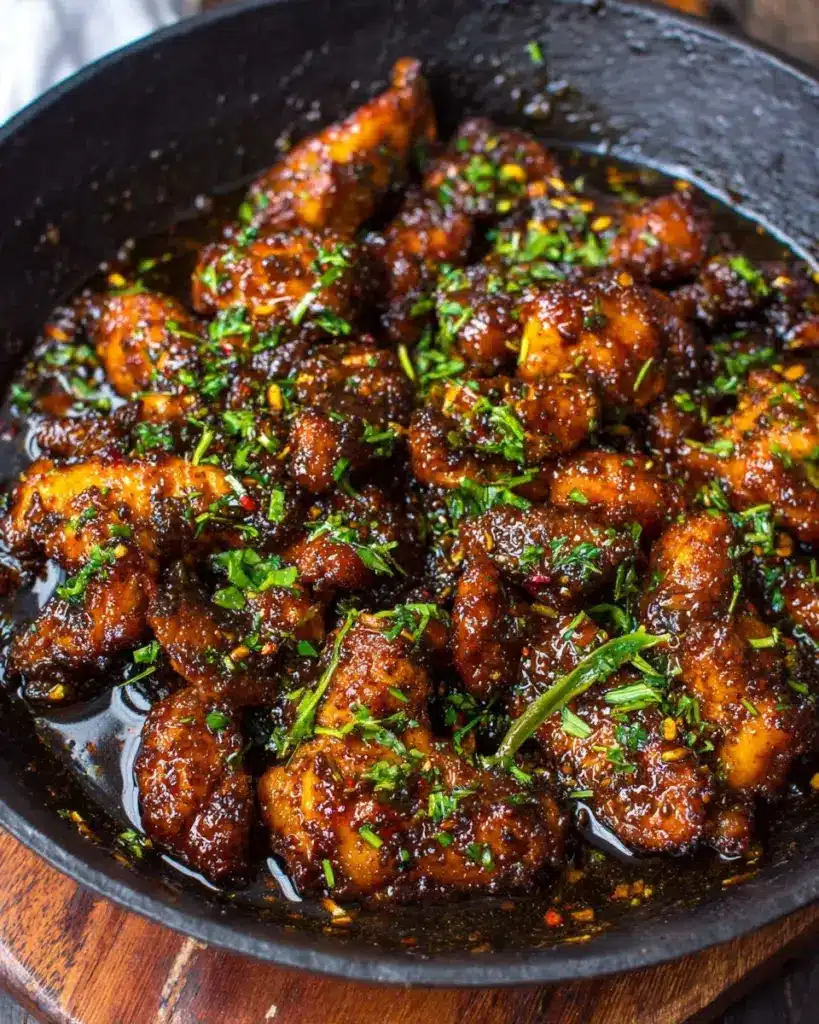 Plate of delicious black pepper chicken garnished with vegetables