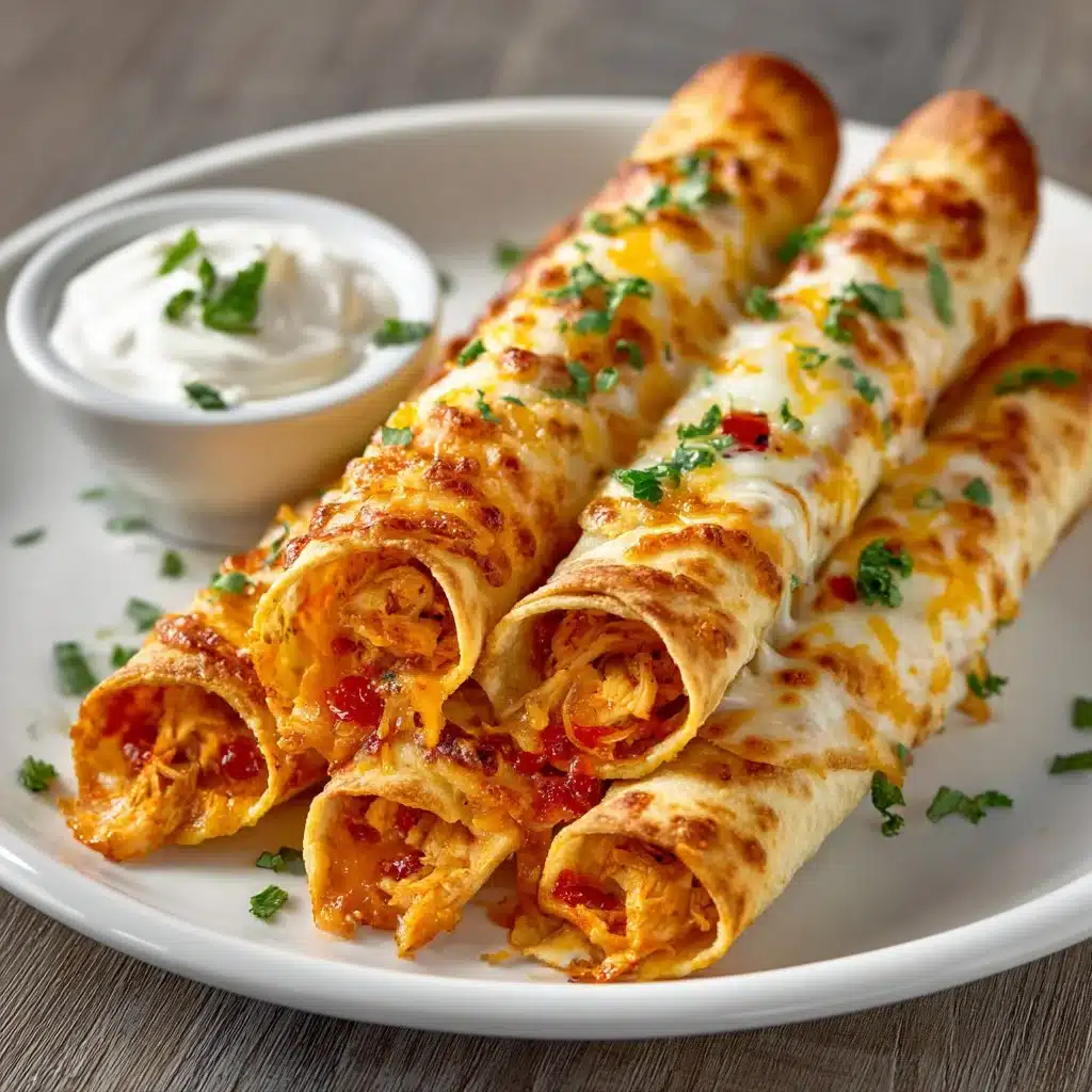 Plate of crispy Buffalo Chicken Taquitos served with dipping sauce