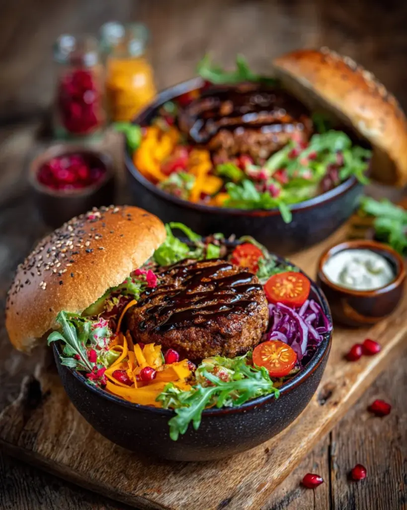 Delicious and colorful Burger Bowls with fresh ingredients.