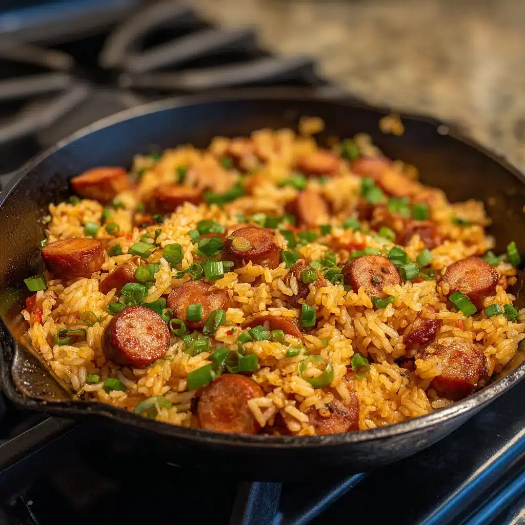 Cajun sausage and rice skillet dish served in a colorful bowl
