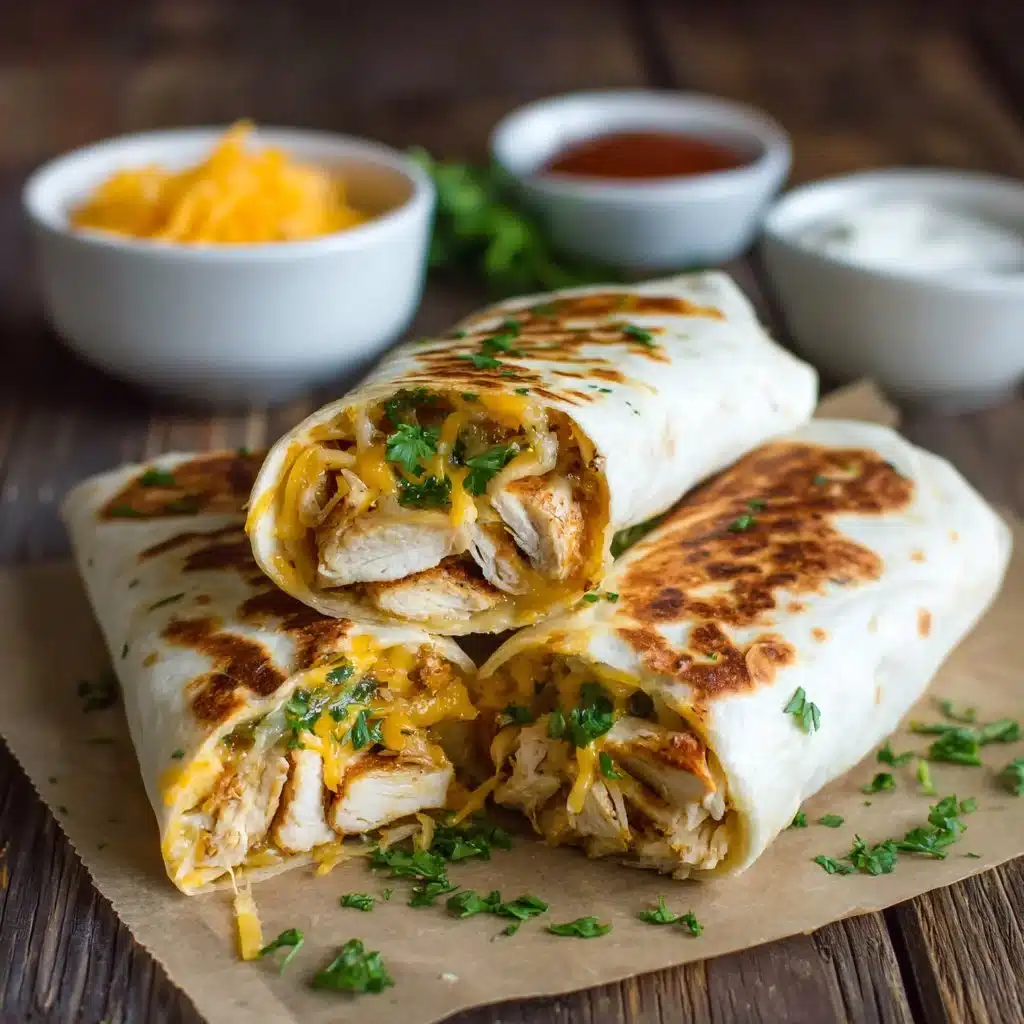 Delicious cheesy garlic chicken wraps with melted cheese and fresh ingredients.