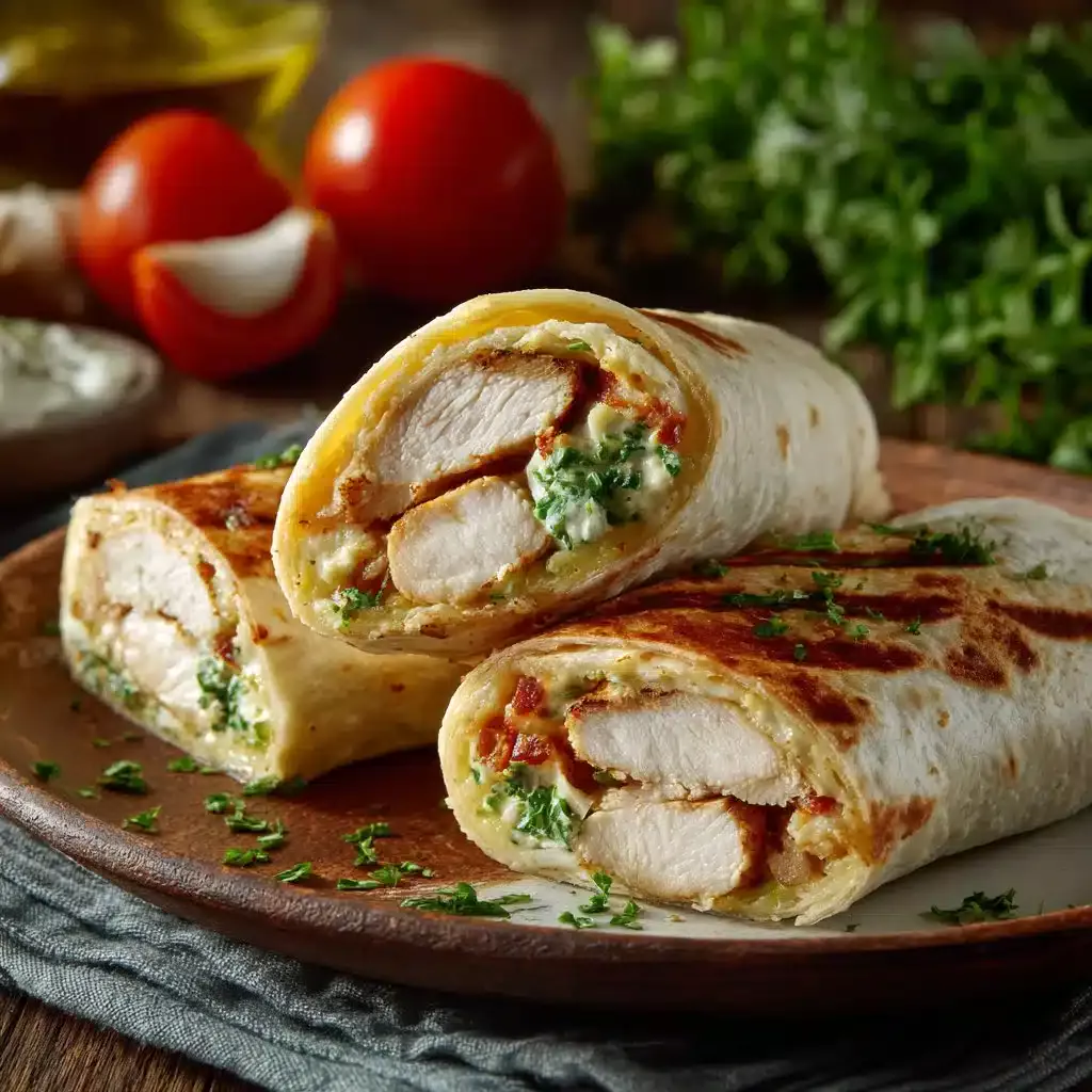 Cheesy garlic chicken wraps on a plate, garnished and ready to eat.