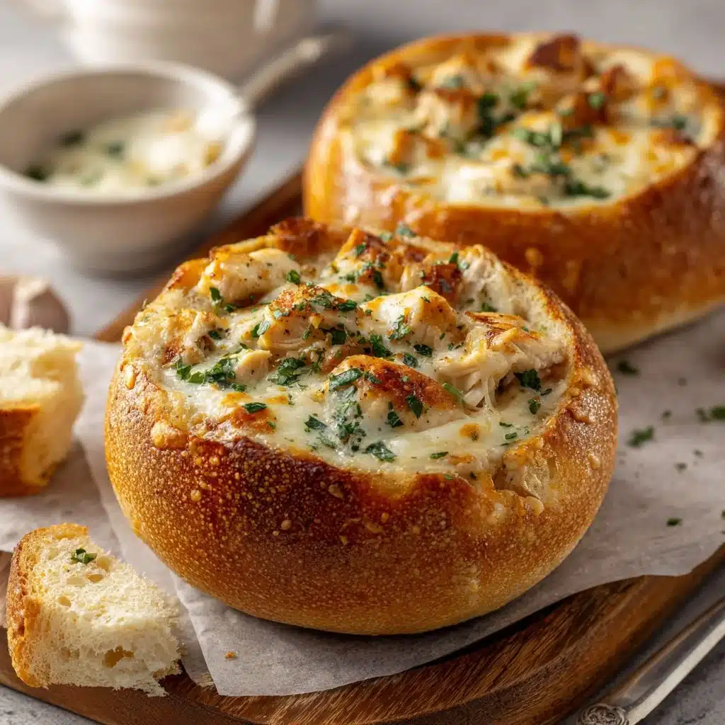 Chicken Alfredo Garlic Bread Bowls topped with creamy sauce and herbs