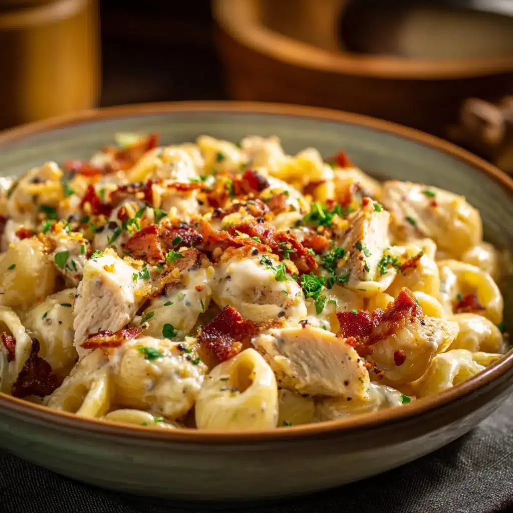 Creamy Chicken Bacon Ranch Pasta topped with fresh herbs and bacon bits