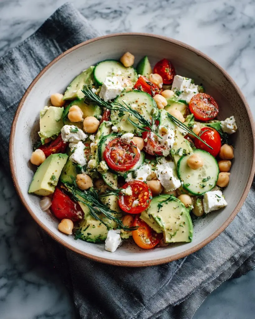 Chickpea feta avocado salad served in a bowl, showcasing fresh ingredients.