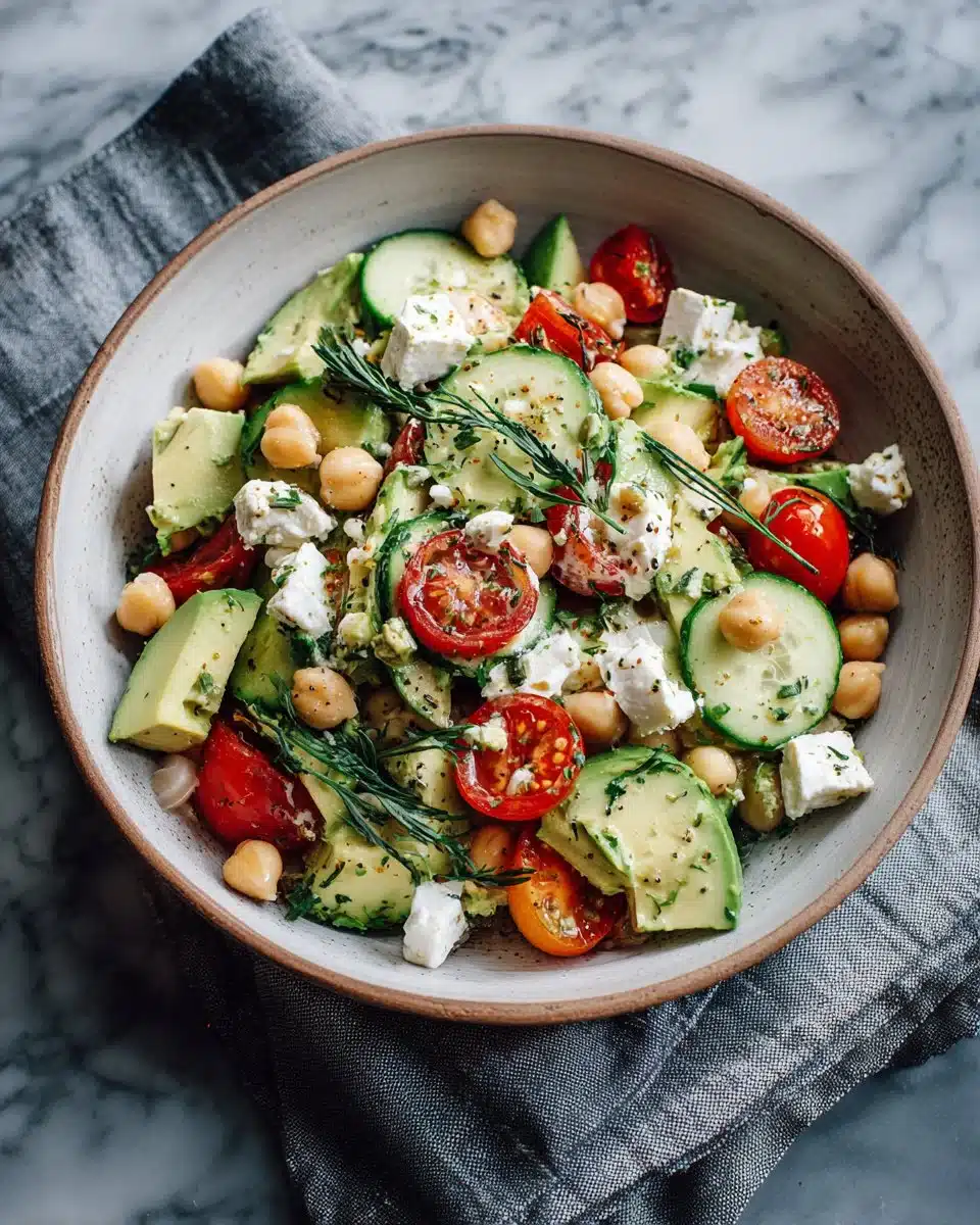Chickpea feta avocado salad served in a bowl, showcasing fresh ingredients.