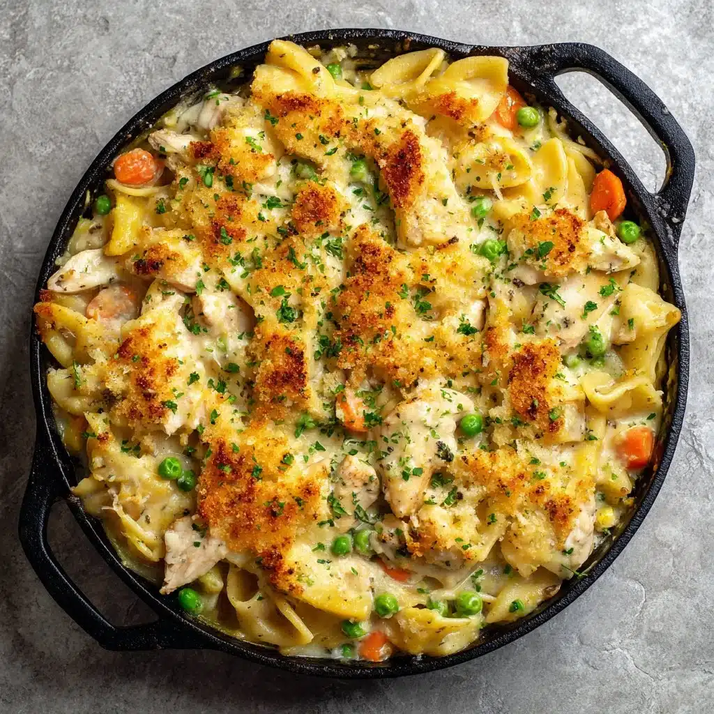Bowl of Classic Chicken Pot Pie Pasta with vegetables and creamy sauce.