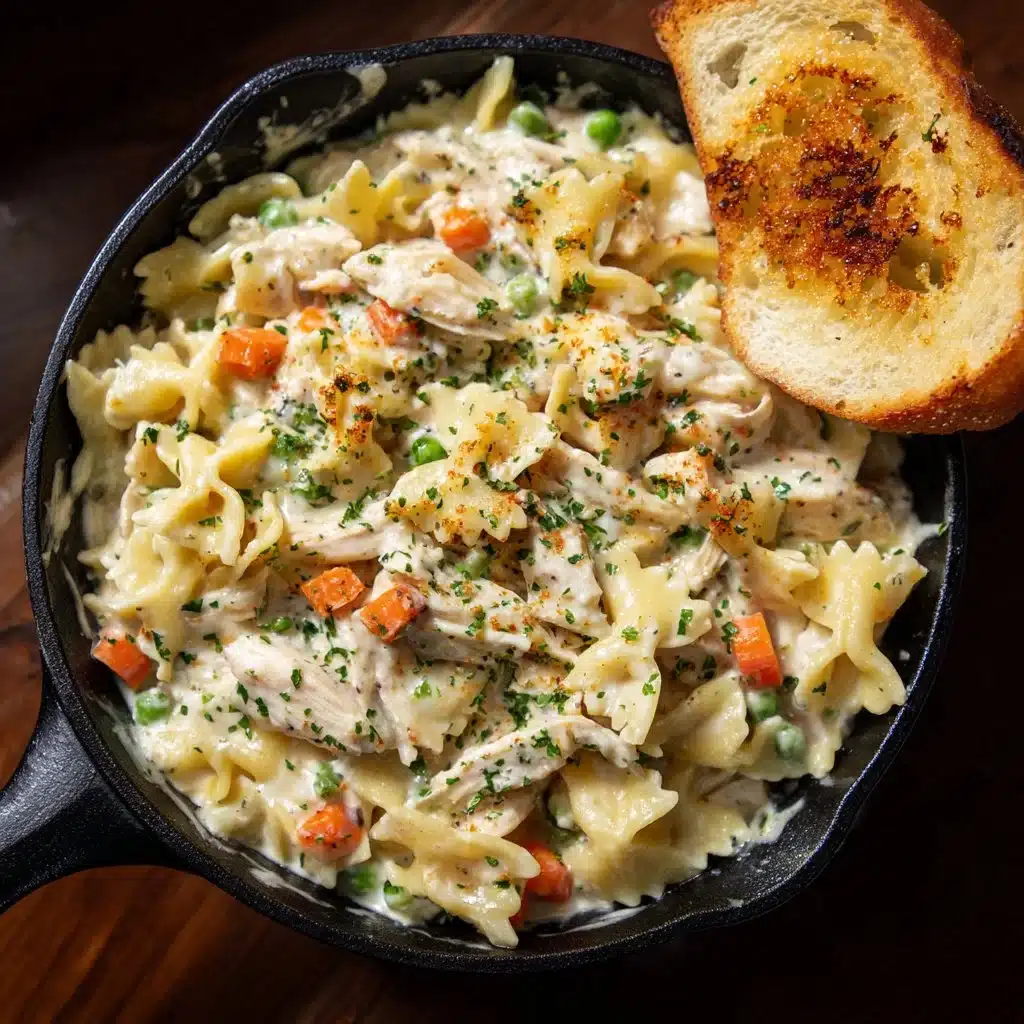 Classic Chicken Pot Pie Pasta dish served in a bowl with herbs