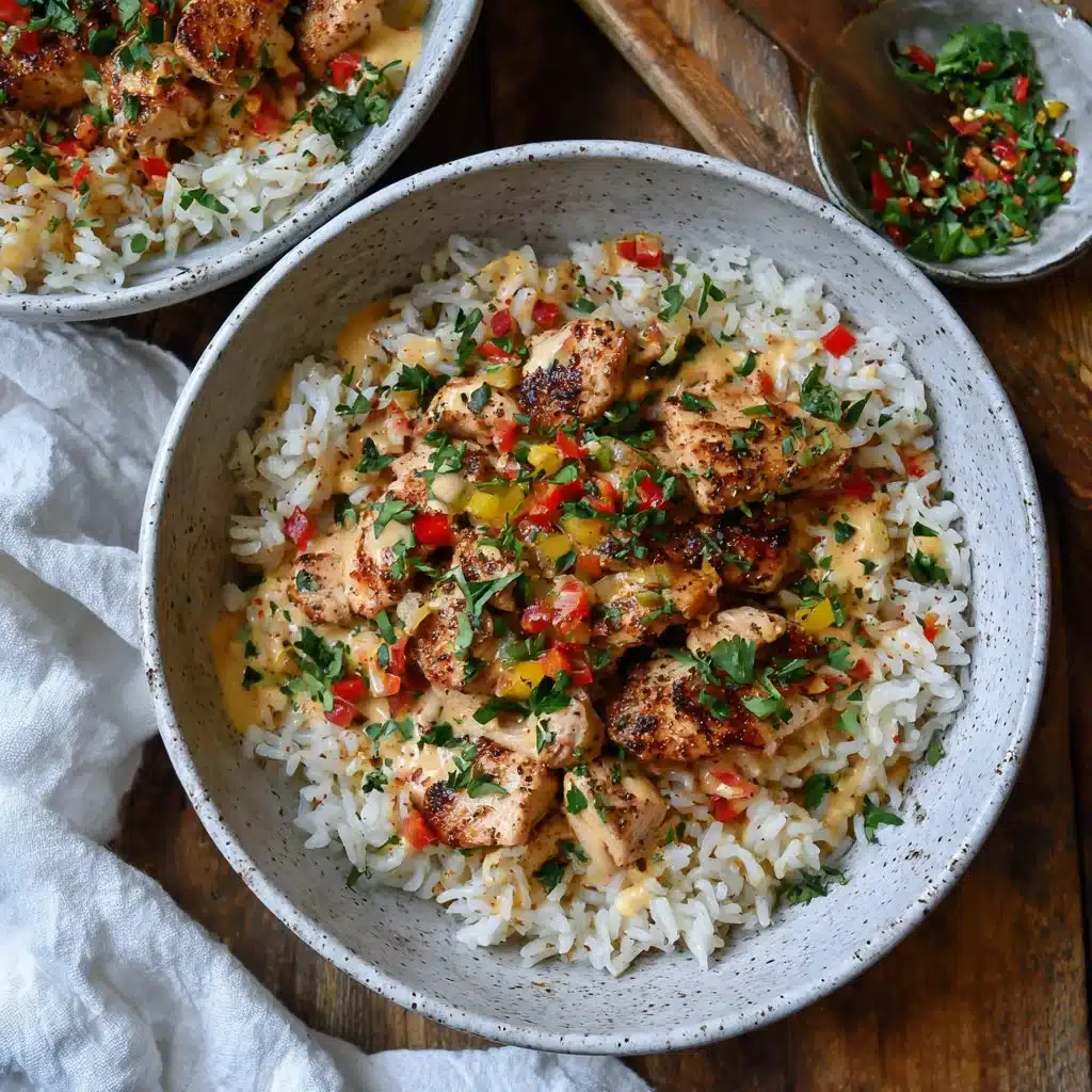 Creamy Cajun Chicken and Rice bowl topped with fresh herbs and spices.