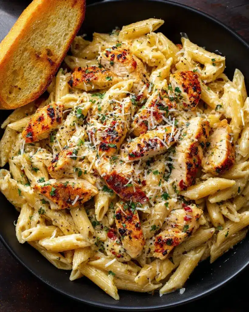 Delicious creamy garlic parmesan chicken pasta served in a white bowl with parsley.