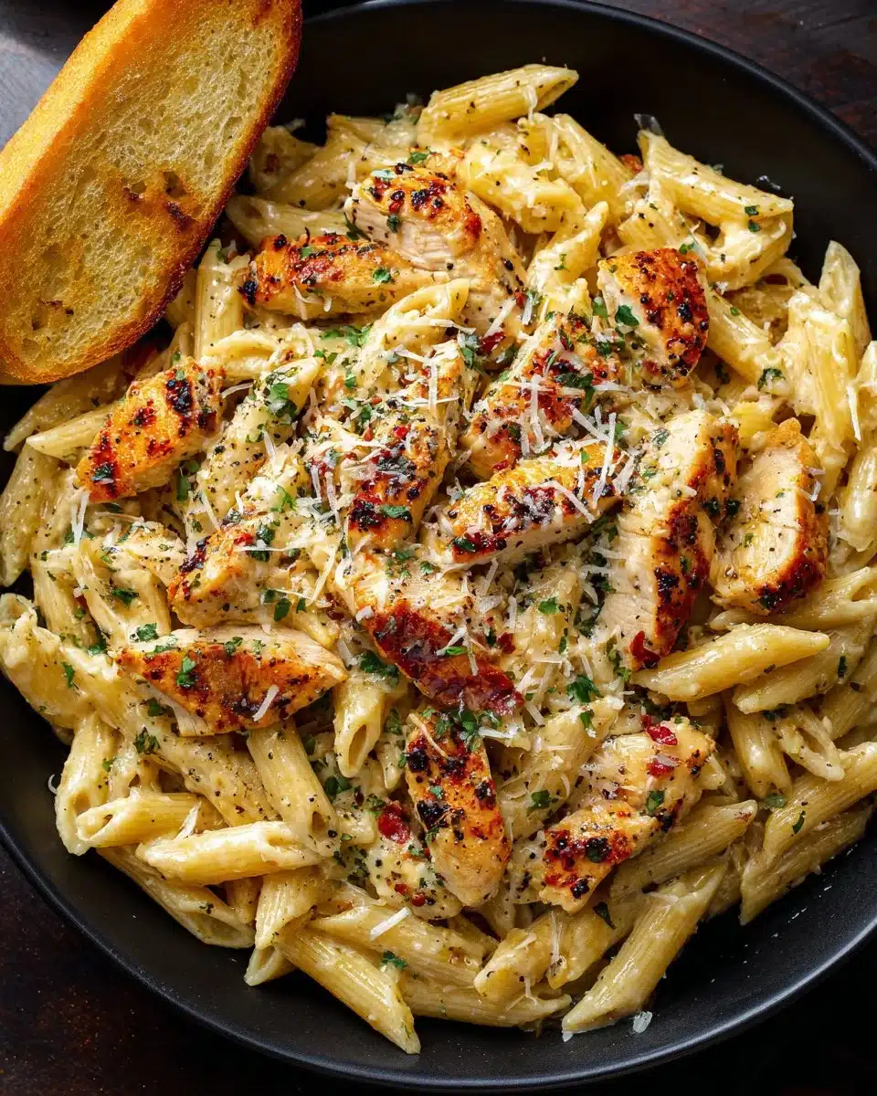 Delicious creamy garlic parmesan chicken pasta served in a white bowl with parsley.