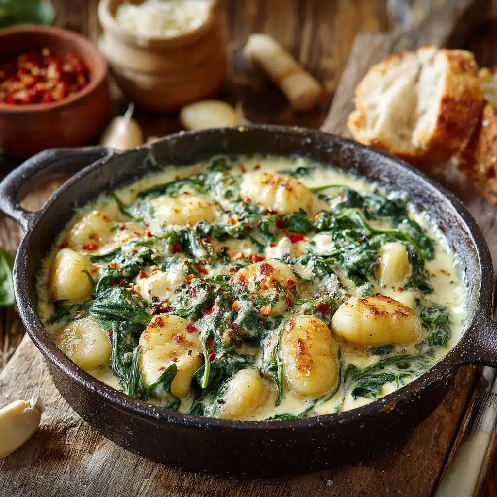 Creamy gnocchi with spinach and feta in a white bowl