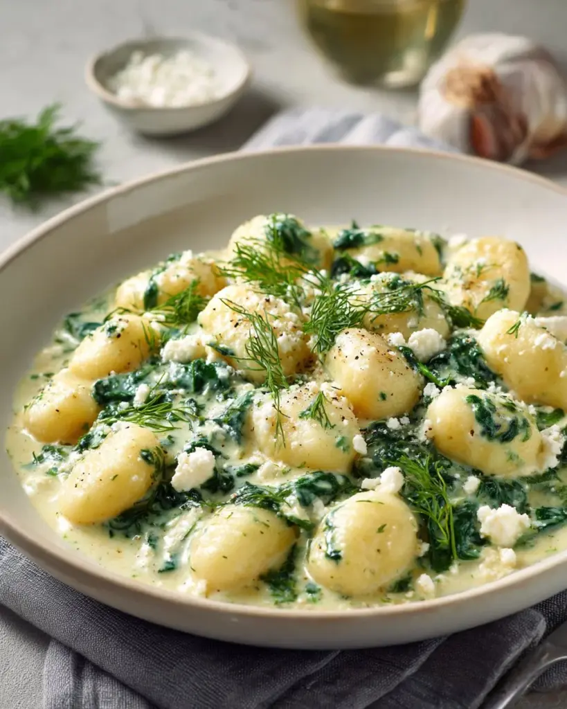 Creamy gnocchi with spinach and feta served in a bowl