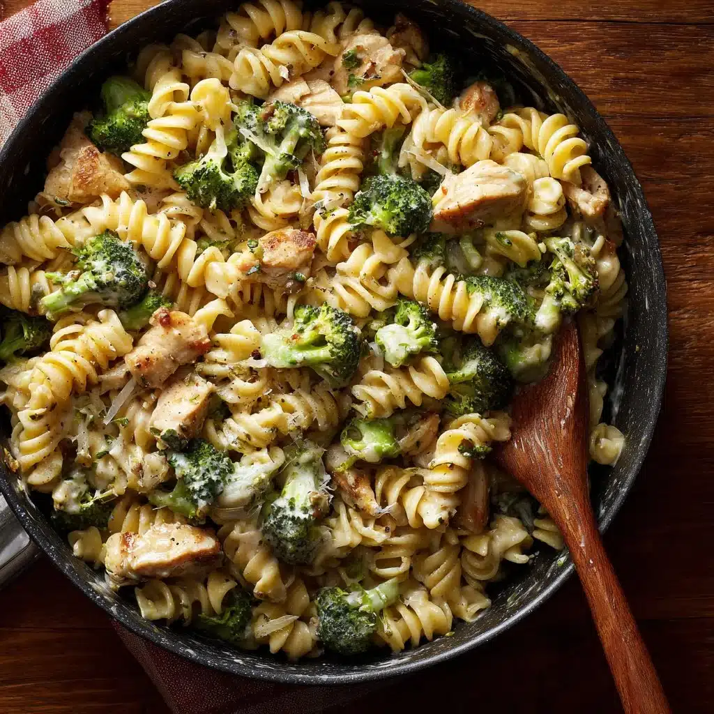 Creamy rotisserie chicken broccoli pasta in a bowl with a garnish of herbs