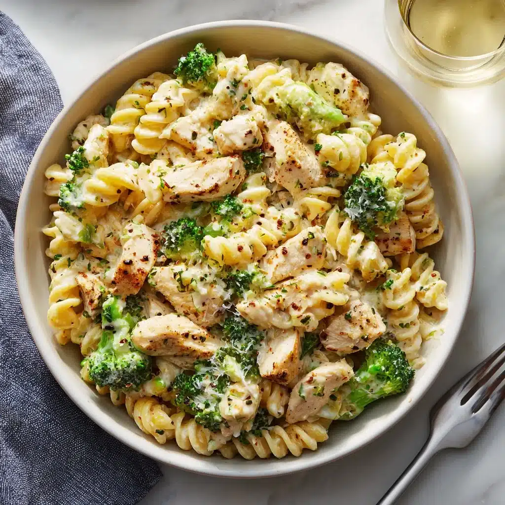 Creamy rotisserie chicken broccoli pasta dish garnished with herbs