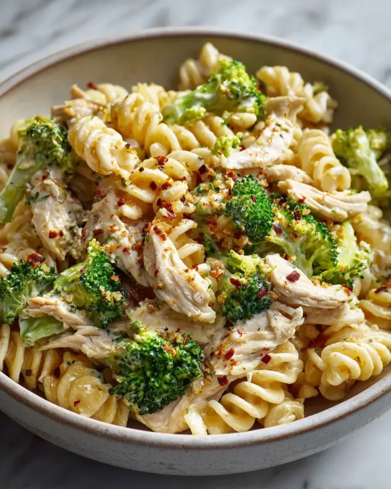 Delicious creamy chicken pasta with rotisserie chicken and broccoli