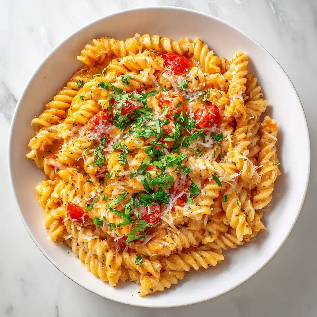 Bowl of creamy tomato garlic pasta with fresh basil and parmesan cheese