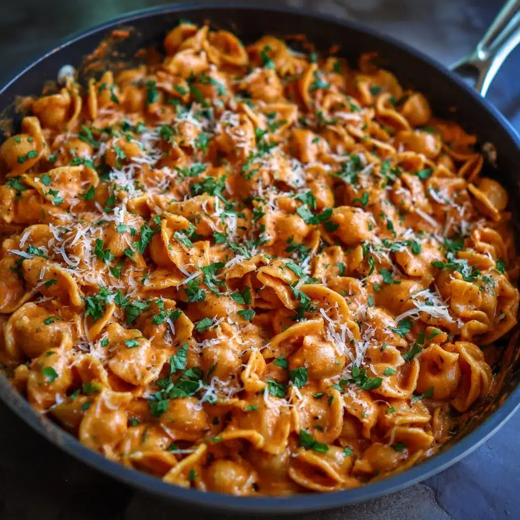 Creamy tomato garlic pasta dish garnished with herbs