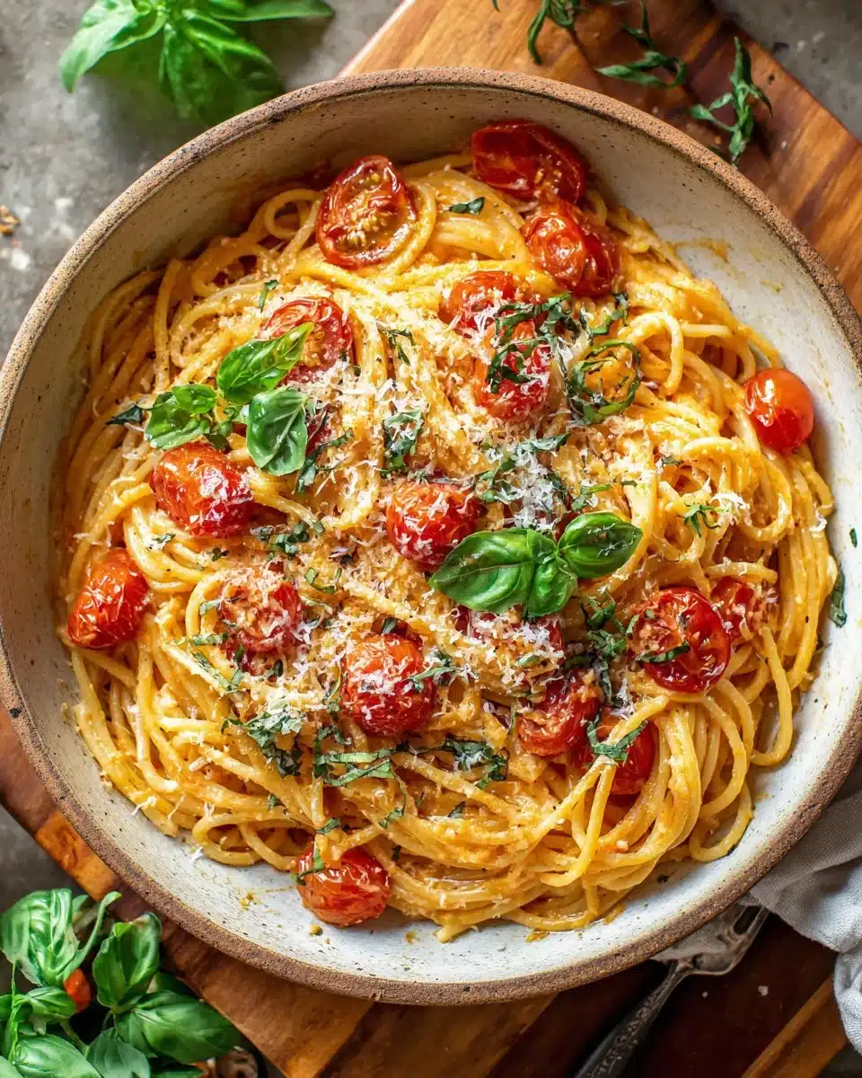 Creamy tomato garlic pasta dish with herbs and cheese