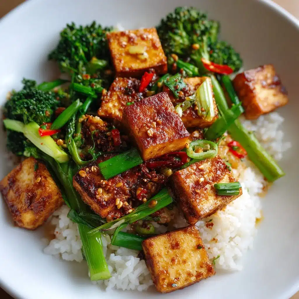 Crispy honey garlic tofu served on a plate with a garnish.