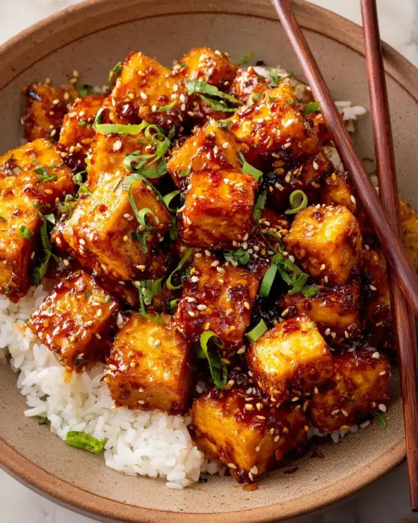 Crispy honey garlic tofu served with vegetables and garnished with sesame seeds.