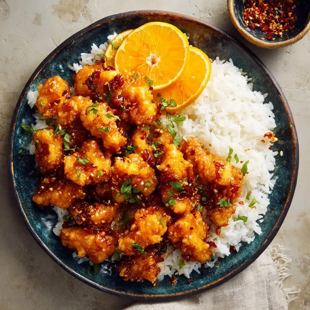A plate of crispy orange chicken garnished with sesame seeds and green onions.