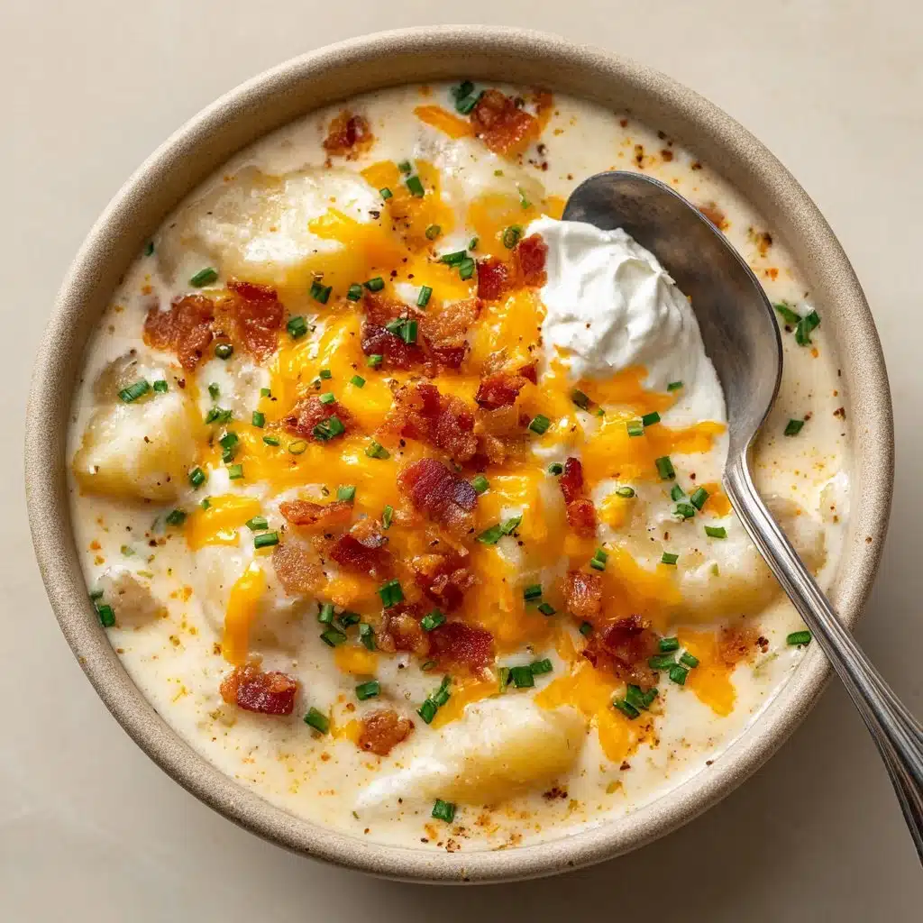 Bowl of creamy Crock Pot crack potato soup with toppings