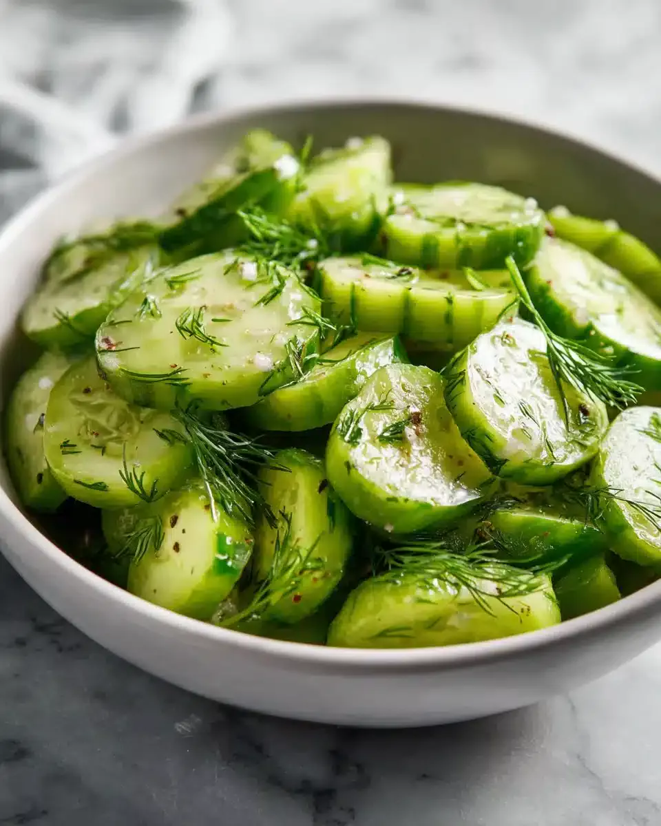 A vibrant Cucumber Dill Salad garnished with fresh dill and sliced cucumbers.