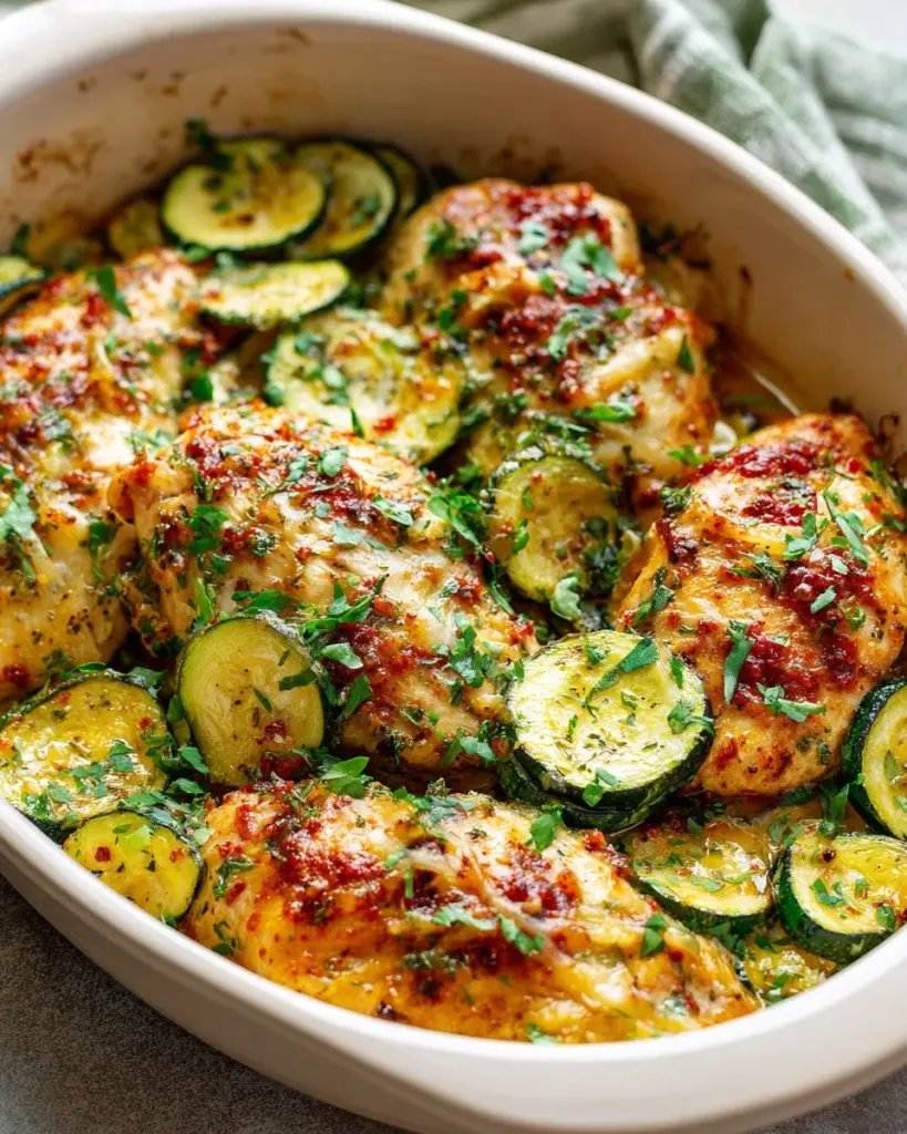 Easy chicken zucchini bake dish with melted cheese and fresh ingredients.