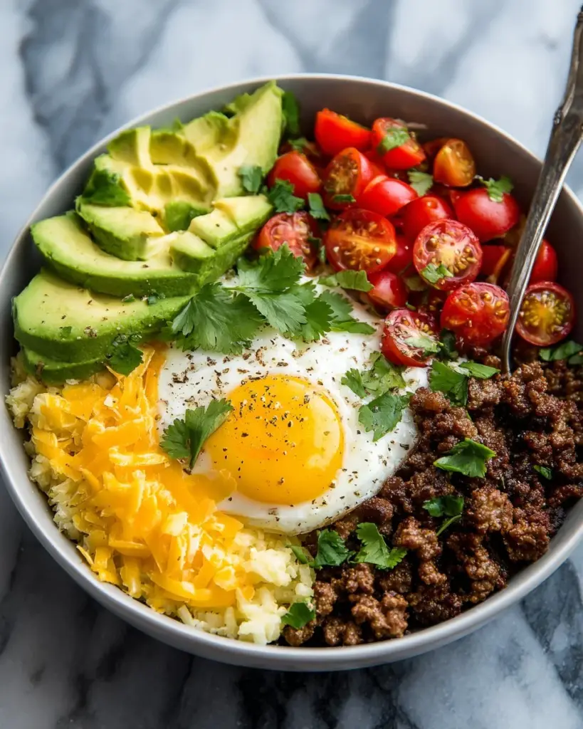 Easy low carb burrito bowl perfect for a quick protein-packed breakfast.