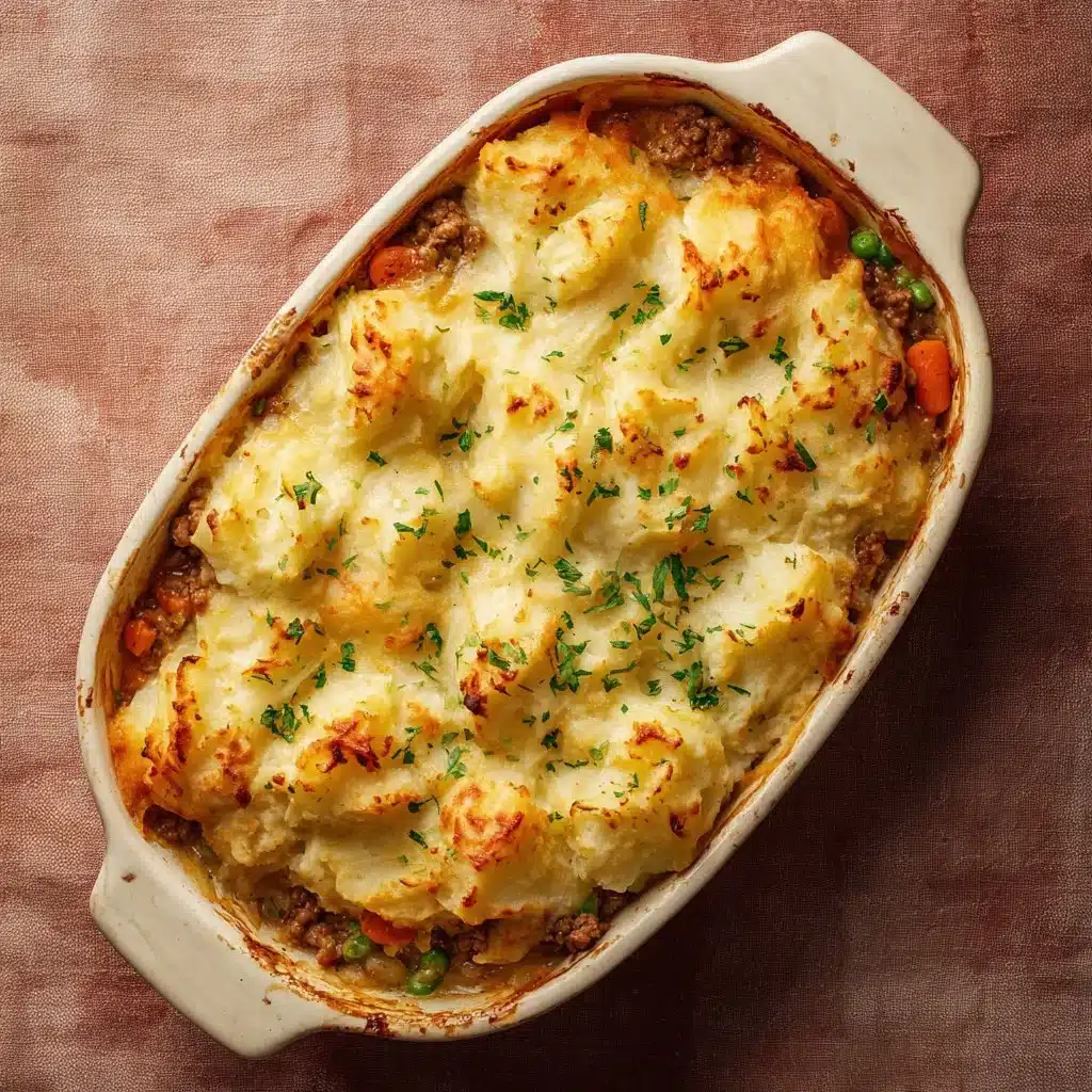 Easy Shepherd's Pie casserole topped with golden mashed potatoes