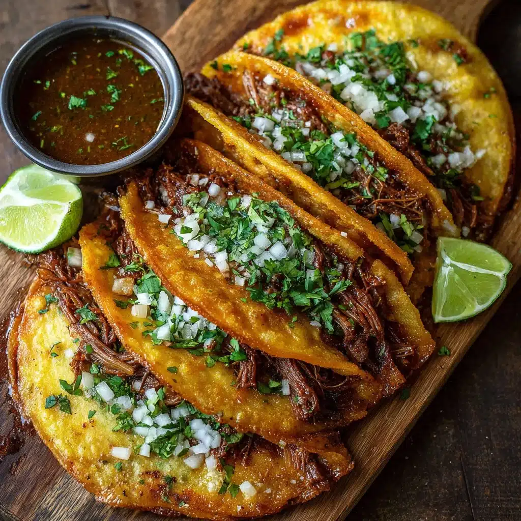 Delicious Birria Tacos served with flavorful consome and fresh toppings