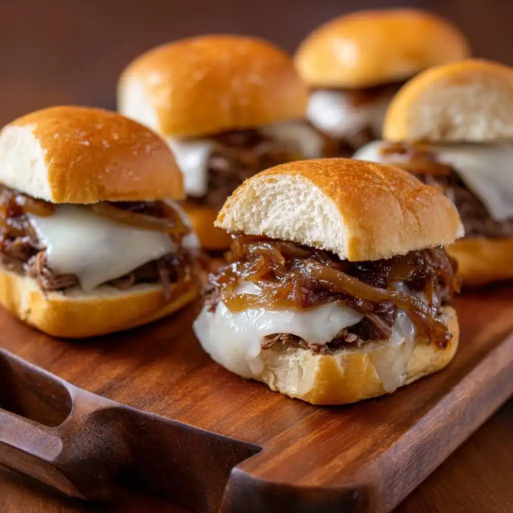 French Dip Sliders with beef and dipping sauce on a plate