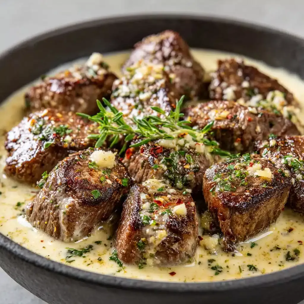 Delicious garlic butter steak bites drizzled with rich Parmesan cream sauce