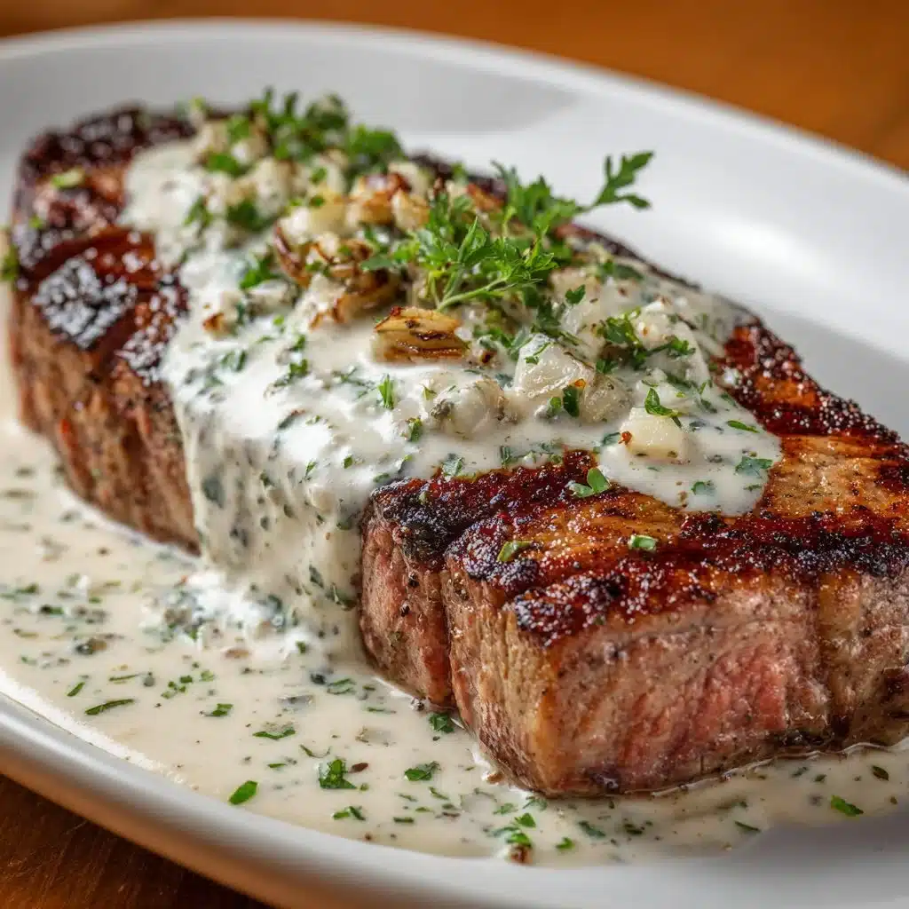 Delicious Garlic Butter Steak topped with creamy Parmesan sauce on a plate