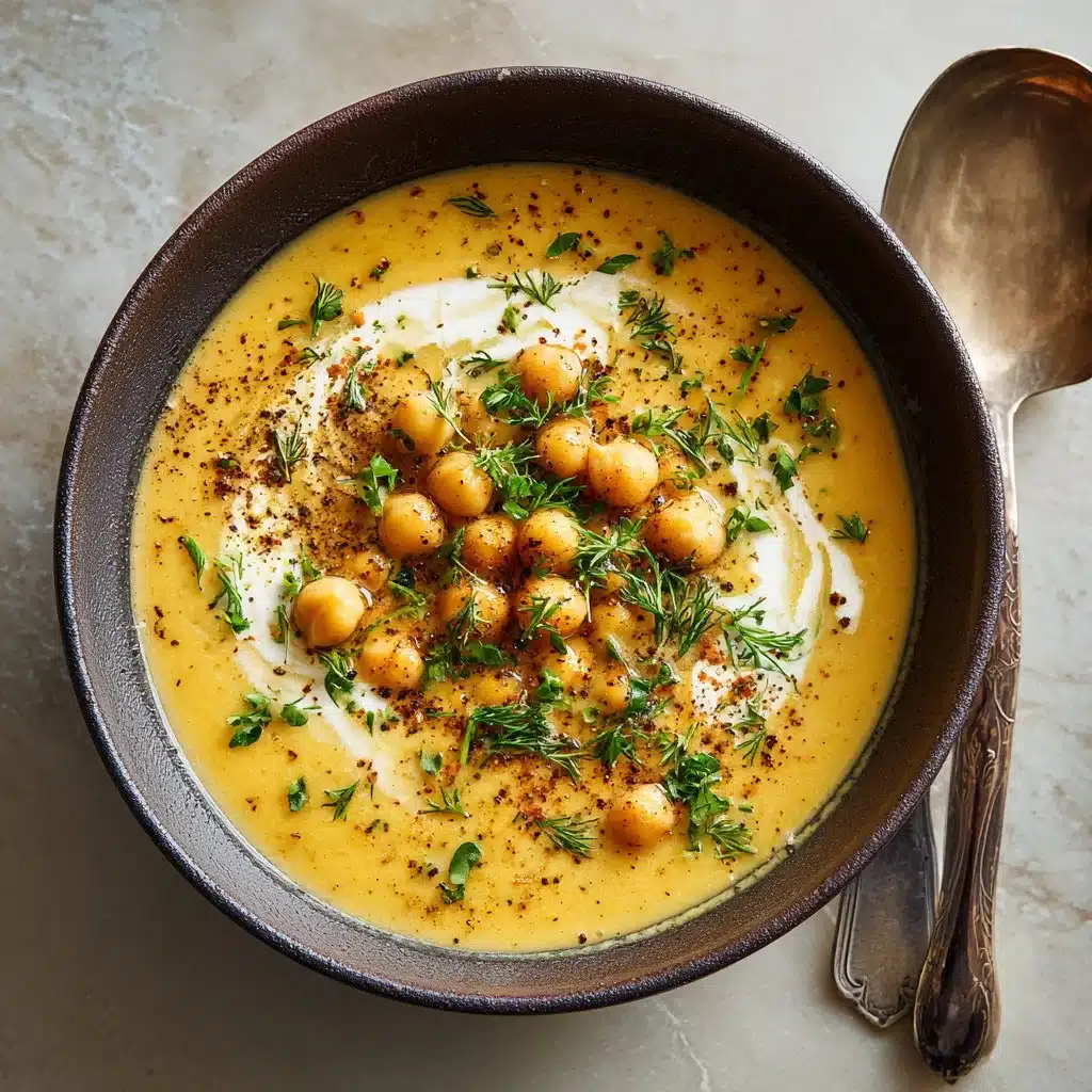 Bowl of delicious Garlic Chickpea Soup garnished with herbs and spices