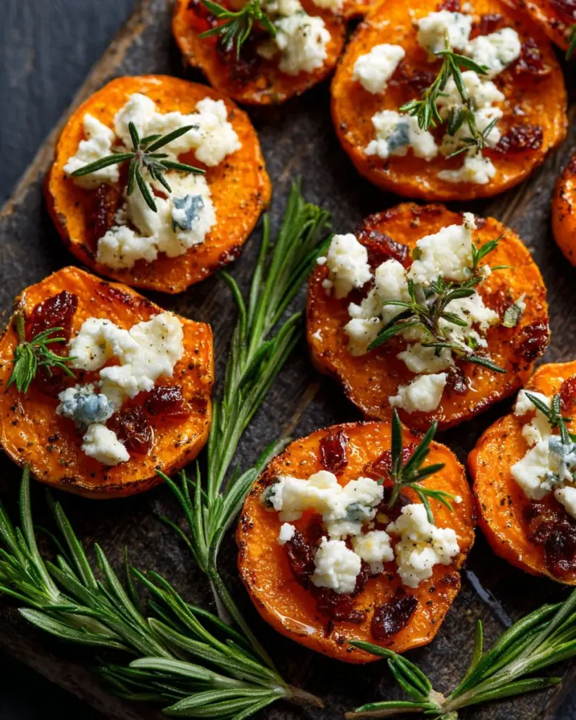 Gourmet honey feta sweet potato rounds served on a platter.