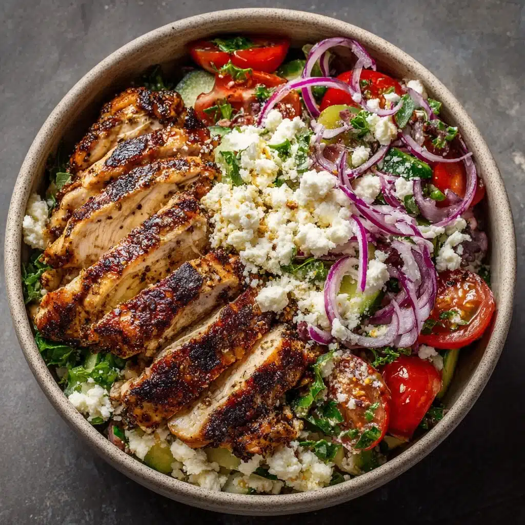Delicious Greek Chicken Bowls with fresh vegetables and herbs.