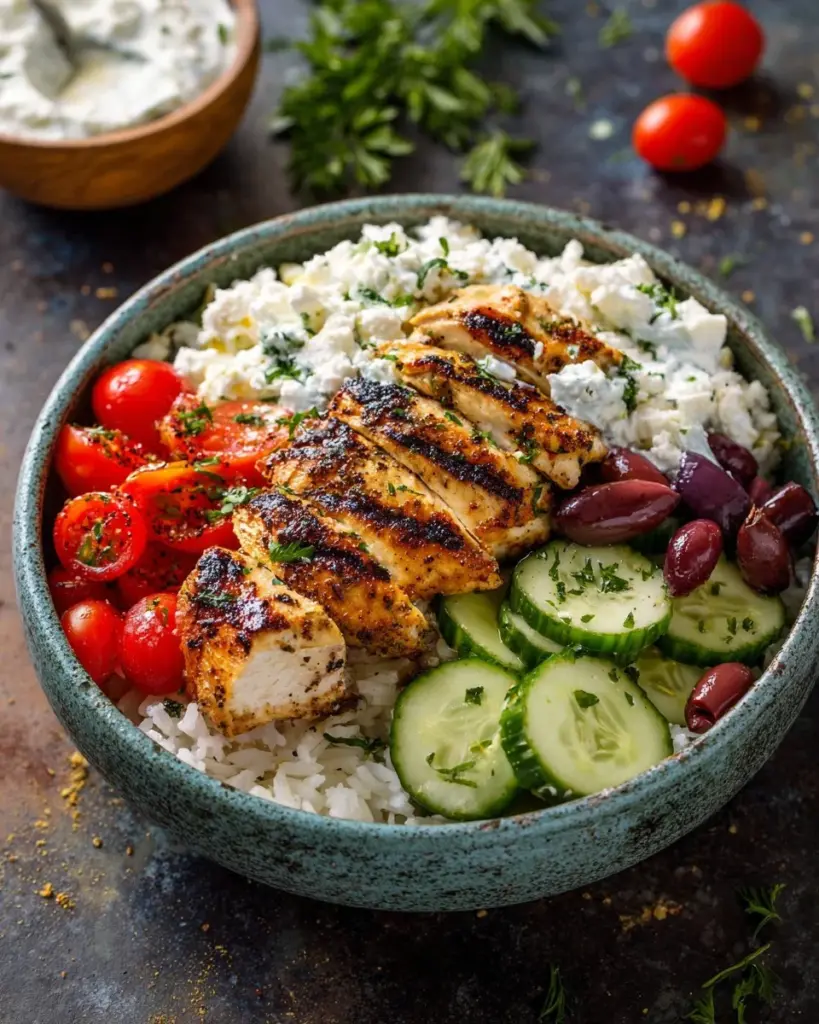 Delicious Greek Chicken Bowl with fresh vegetables and rice