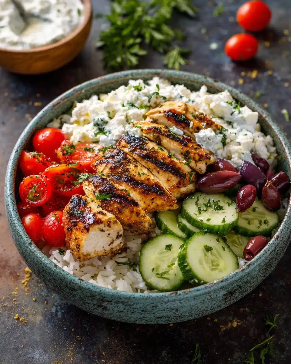 Delicious Greek Chicken Bowl with fresh vegetables and rice