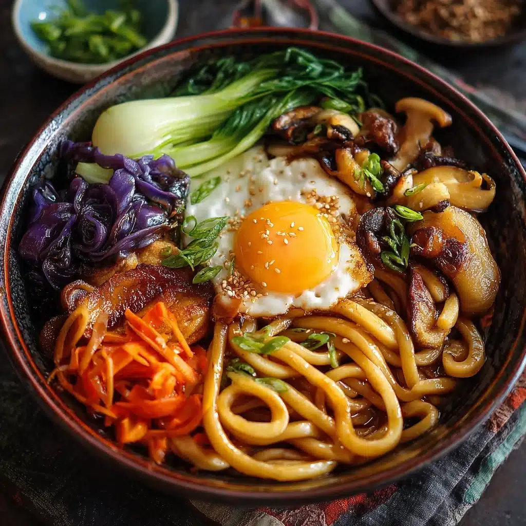A plate of grilled udon noodles topped with fresh vegetables and spices