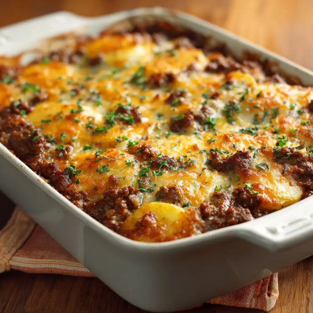 Ground beef and potatoes casserole served in a dish