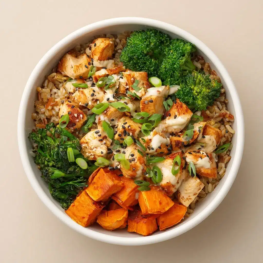 Healthy chicken rice bowl with sweet potatoes and fresh vegetables