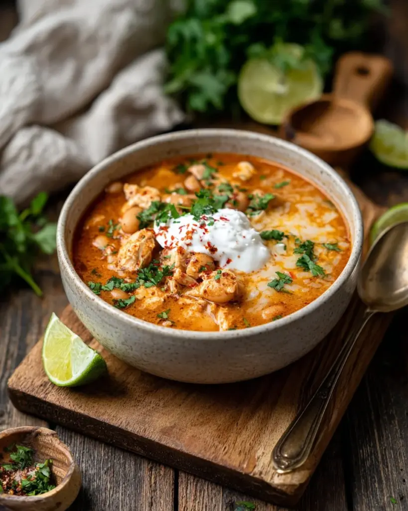 Bowl of healthy high protein white chicken chili topped with herbs and avocado