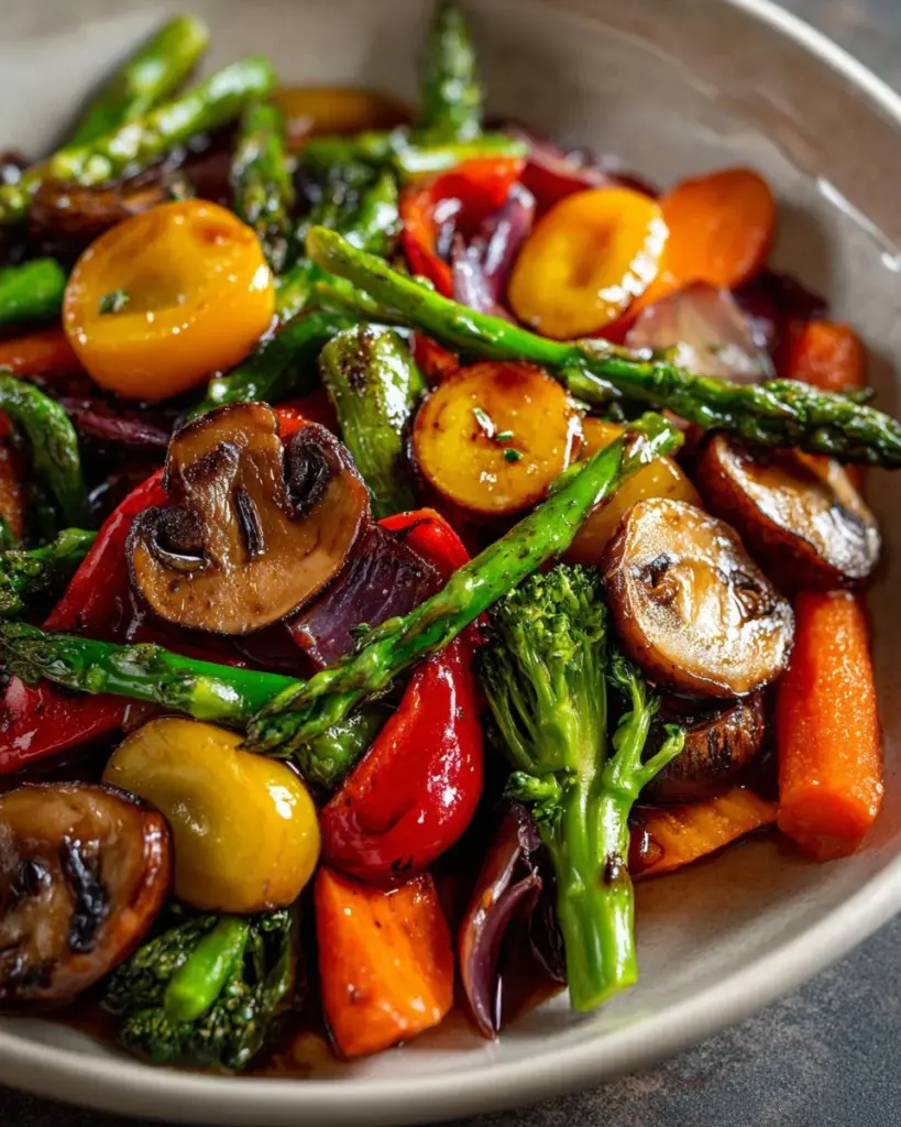 Plate of healthy sautéed vegetables with colorful peppers, broccoli, and carrots