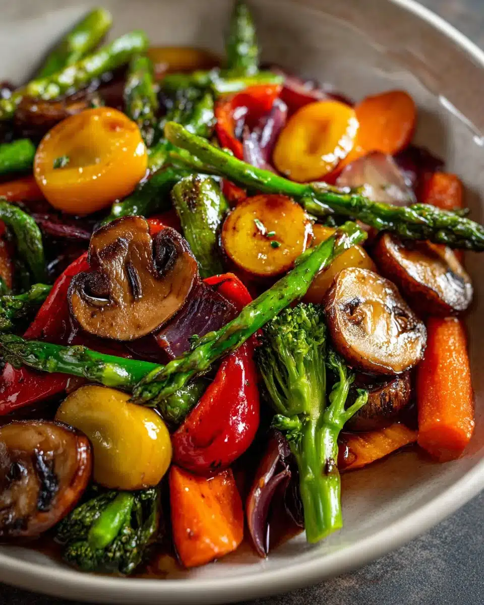 Plate of healthy sautéed vegetables with colorful peppers, broccoli, and carrots