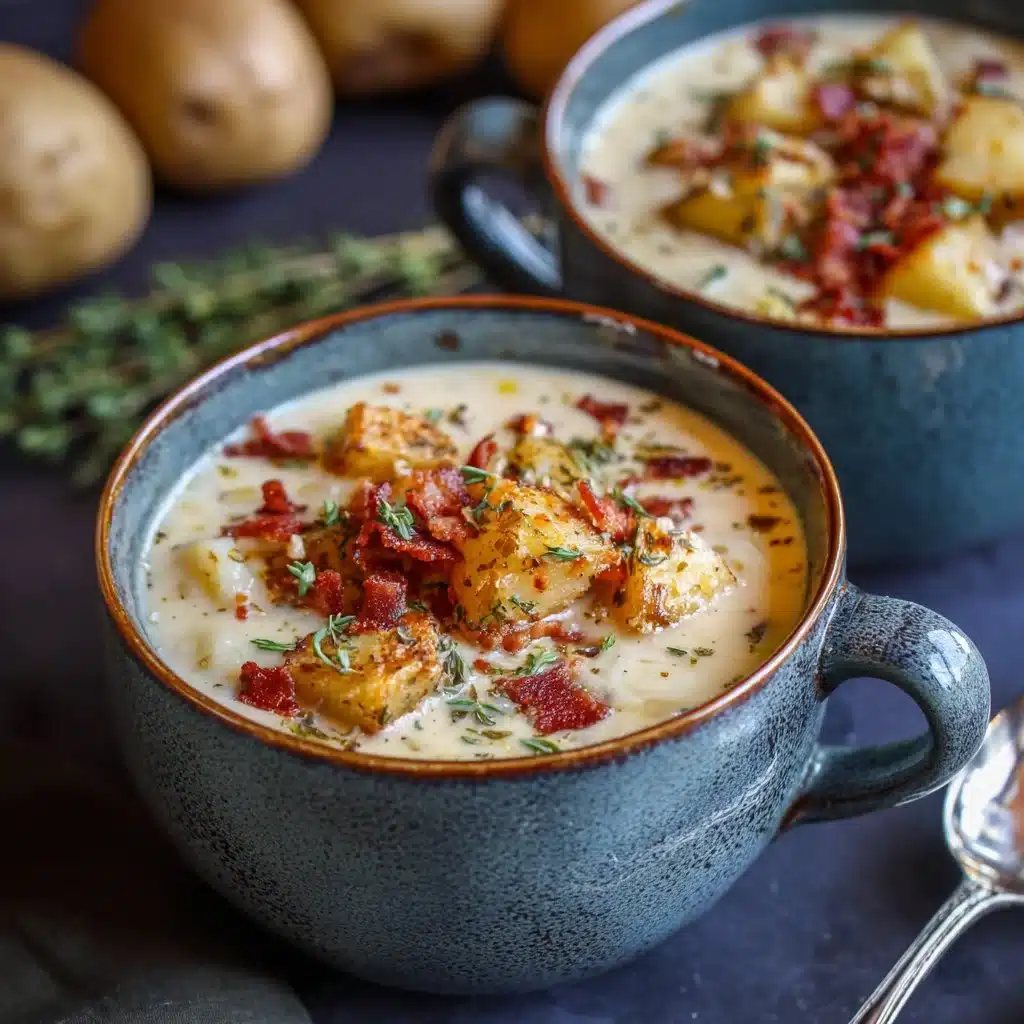 Bowl of hearty cheddar garlic herb potato soup with fresh herbs and cheese